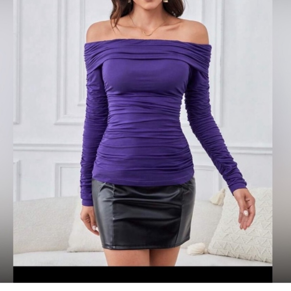 SHEIN Tall Off Shoulder Ruched Tee size S new without tag - Picture 7 of 12